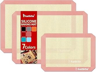 Katbite Silicone Baking Mat Colorful Collection - Set of 3: 2 Half Sheets Mats (11 5/8" x 16 1/2") + 1 Quarter Baking Sheet, Reusable & Nonstick Bakeware Mats for Cookies, Macarons, Bread (Pink)