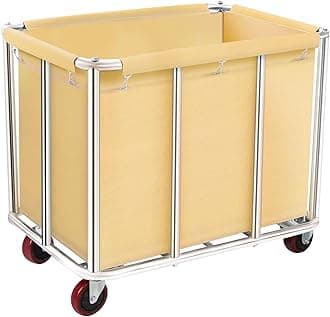 Commercial Laundry Cart with Wheels, 11.42 Bushel Large Laundry Rolling Bins with Removable Waterproof Canvas Lining Basket, Heavy Duty Stainless Steel Laundry Hampers for Hotels & Hospital