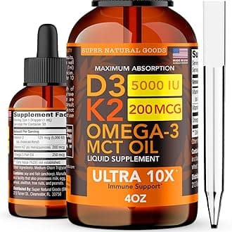 Vitamin D3 K2 Liquid Drops 5000 IU (4oz) Maximum Strength Vitamin D, K, MCT Oil & Omega 3 Bone, Heart, Joint, Muscle Support Supplement. Fast Absorption Formula. 4 in 1 Complex Formula Non-GMO