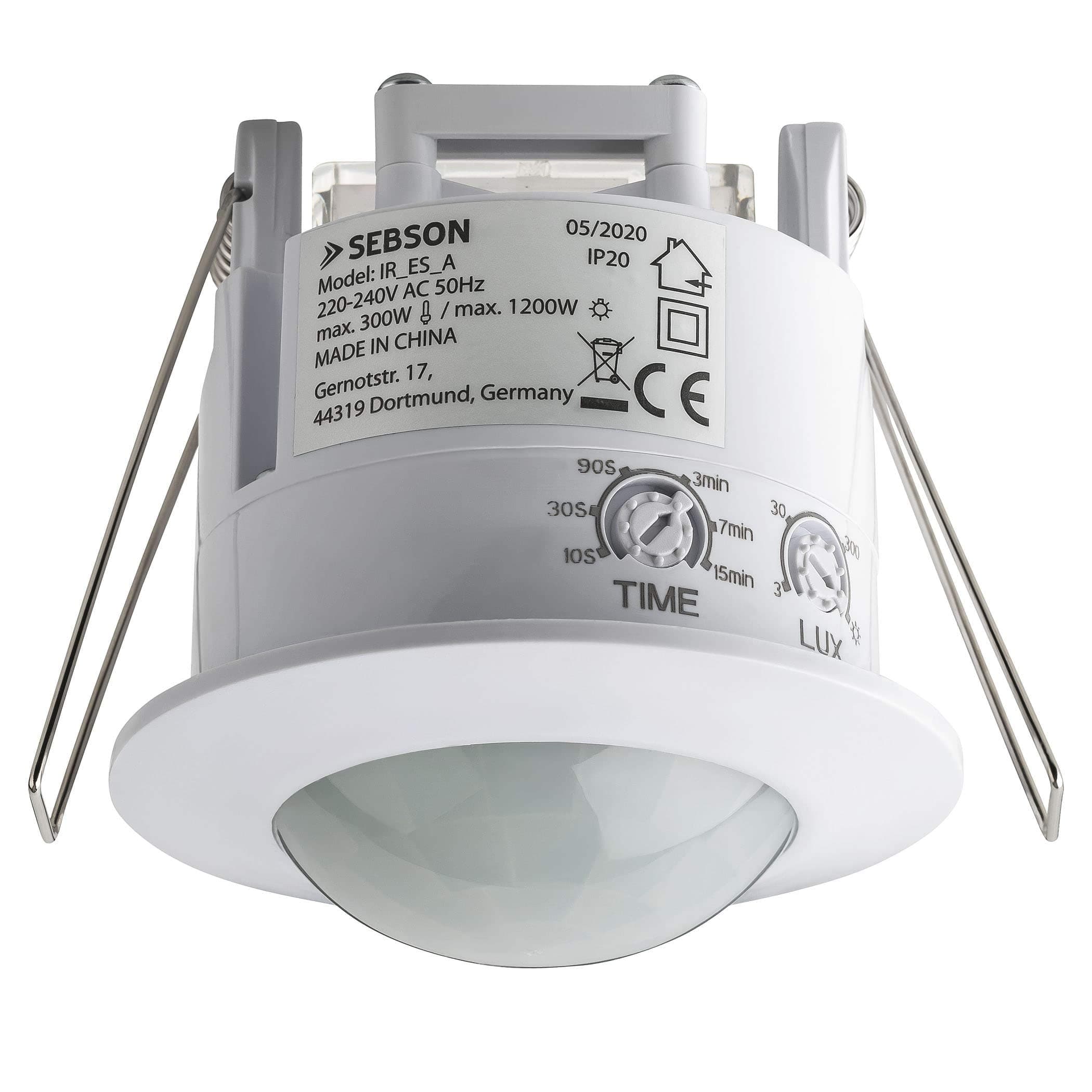 SEBSON® Indoor Motion Detector, Flush-Mounted Ceiling Mounting, Programmable, Infrared Sensor, Range 6 m / 360°, Installation Motion Sensor LED, 3-Wire