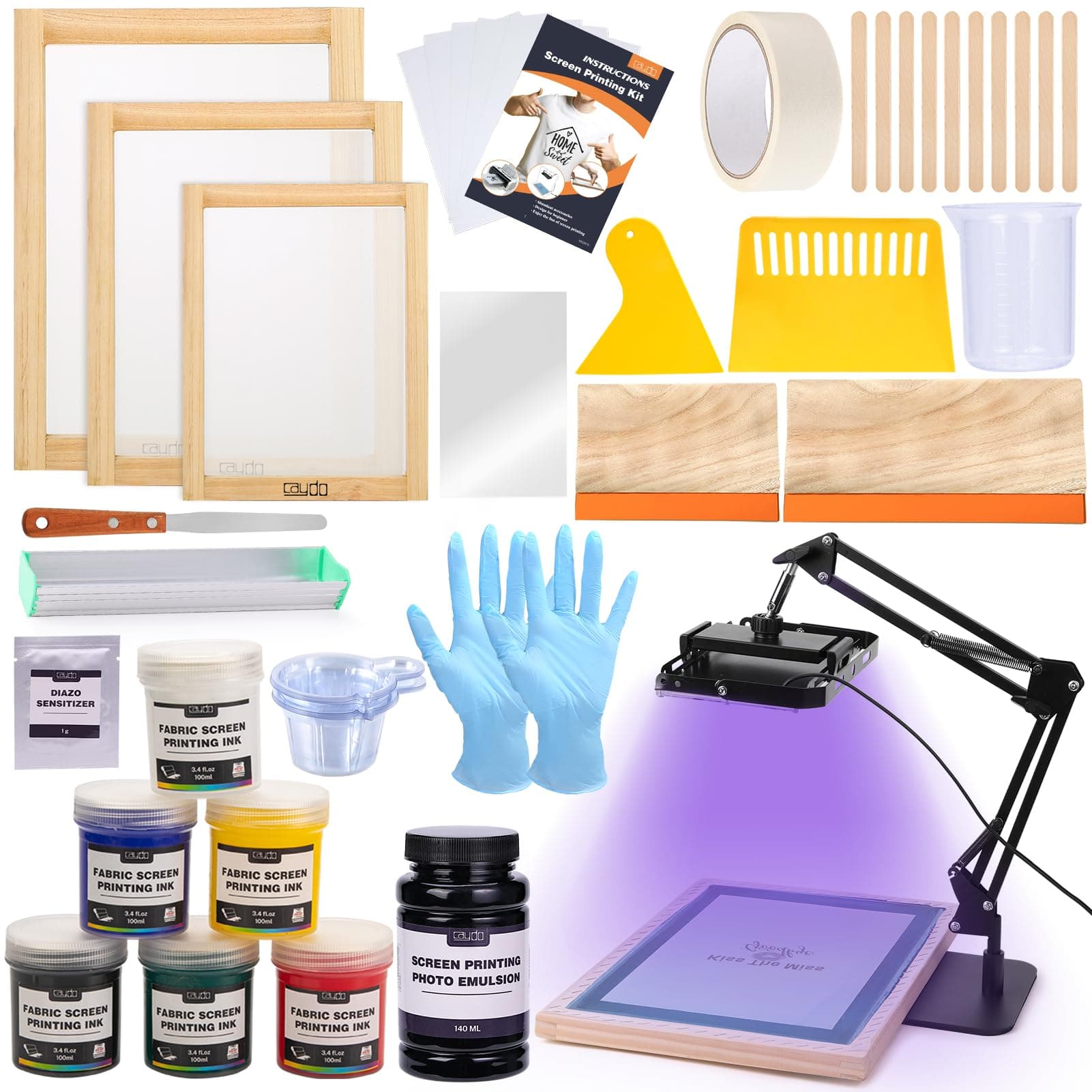 Caydo 54 PCS Screen Printing Kit Inculde 50W LED UV Exposure Screen Printing Light, 6 Color Screen Printing Ink, Screen Printing Photo Emulsion, Emulsion Scoop Coater, and Instructions
