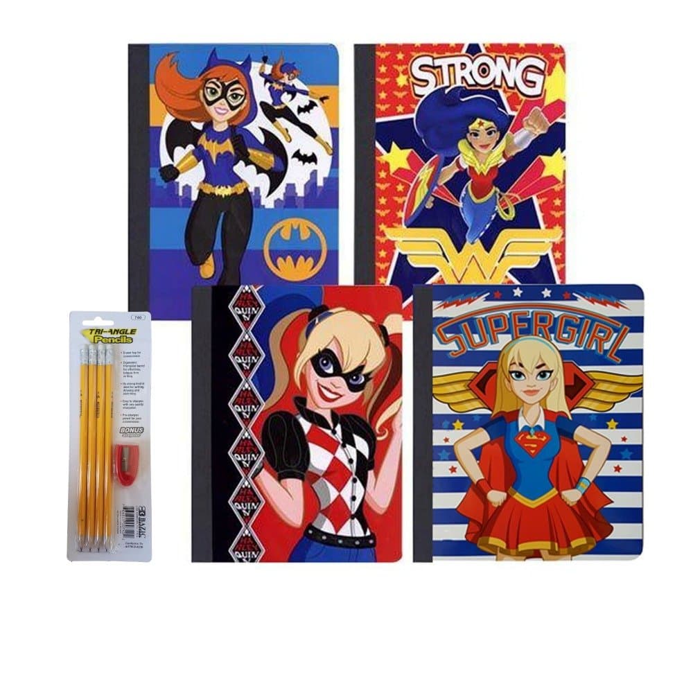 DC Comics Super Hero Girls Composition Notebook Bundle - Back to School Supplies Include - 4pk Composition Notebooks and Pre-Sharpened Pencils with Sharpener!!
