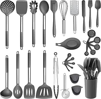 Silicone Kitchen Utensils Set, E-far 30-Piece Cooking Utensils Set with Holder, Heat Resistant Kitchen Spatulas Turner Tong Spoon Whisk Ladle for Nonstick Cookware, Stainless Steel Handle (Gray)