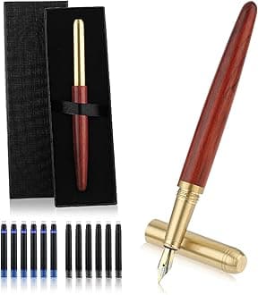 cobee Handcrafted Wooden Fountain Pens Set, Vintage Luxury Wood Fountain Pen 0.5mm Fine Point Smooth Writing Pen With 12 Ink 2.6 mm Cartridges and Gift Box for Journaling Calligraphy Supplies(A)