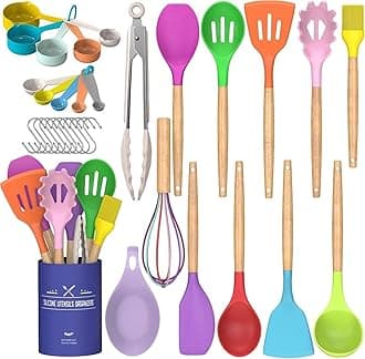 Umite Chef 33 Pc Non-Stick Silicone Cooking Kitchen Utensils Set, Wooden Handle, Colorful