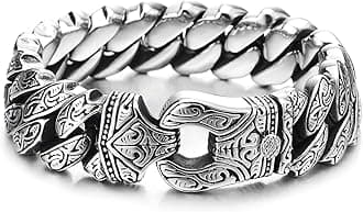 COOLSTEELANDBEYOND Mens Steel Vintage Fancy Curb Chain Bracelet with Tribal Tattoo Pattern, Retro Style, Masculine