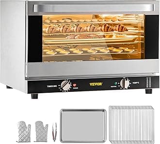 Commercial Convection Oven, 47L/43Qt, Half-Size Conventional Oven Countertop, 1600W 4-Tier Toaster w/Front Glass Door, Electric Baking Oven w/Trays Wire Racks Clip Gloves, 120V