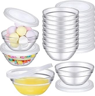 Tioncy 12 Pack Small Glass Bowls with lids 2.95 Inch Mini Dipping Bowls Pinch Sauce Containers for Party Serving Spices Ketchup Snacks BBQ Dessert
