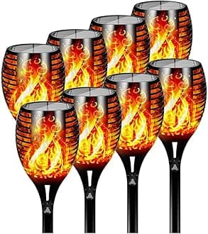 YU WELLPack of 8 Solar Flickering Flame Torch Light 58cm LED Waterproof Torch Light for Garden Lawn Patio Halloween Outdoor Décor