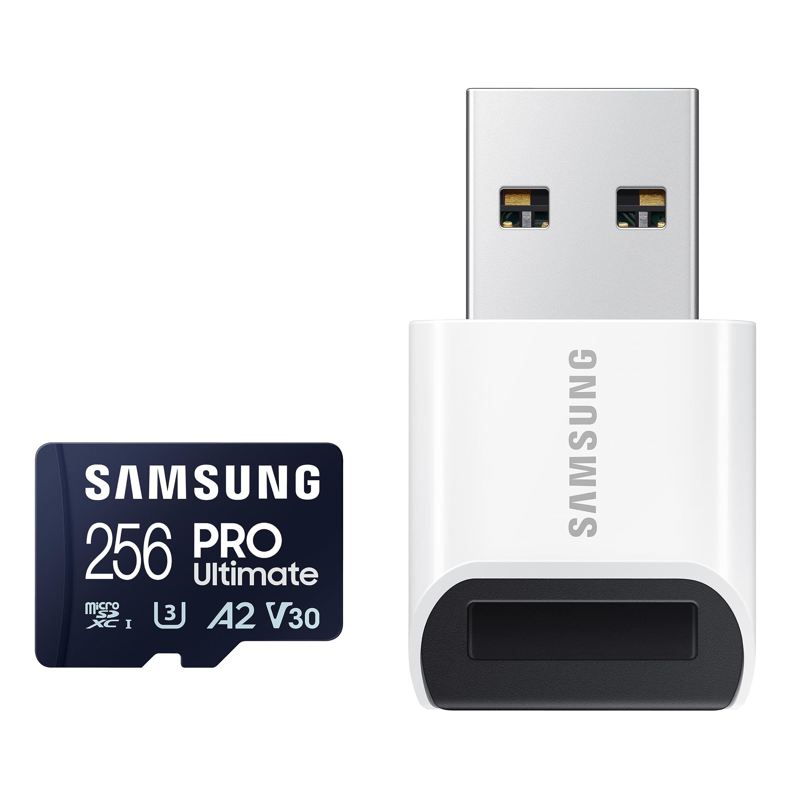 SAMSUNG PRO Ultimate microSD Memory Card+Reader, 256GB microSDXC, Up to 200 MB/s, 4K UHD, UHS-I, Class 10, U3,V30, A2 for GoPRO Action Cam, DJI Drone, Gaming, Phones, Tablets, MB-MY256SB/AM
