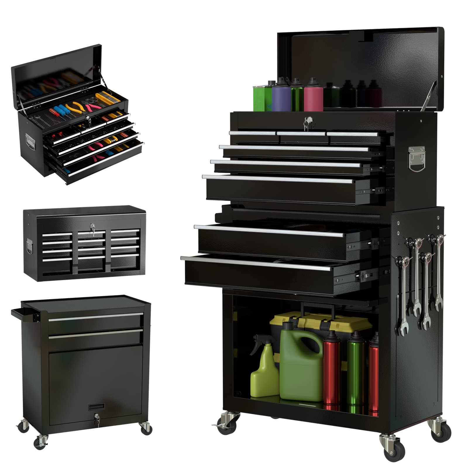 8-Drawers Rolling Tool Chest Tool Box with Wheels, 2-In-1 Detachable Tool Storage with Large Cabinet and Sliding Drawers, Removable Tool Box Organizer with Lockable for Garage, Workstation (Black)