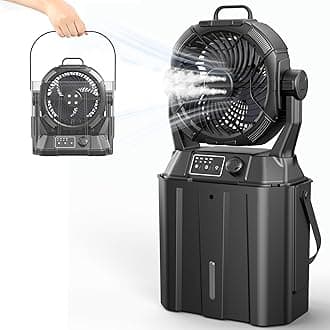 Misting Fan Portable Camping Fan 42800mAh Rechargeable with Remote Control, 3 LED Light & Stepless Speed Control & Cooling Spray with 6L Bucket, Timer Function, Portable Handle, Rotating Hanging Hook