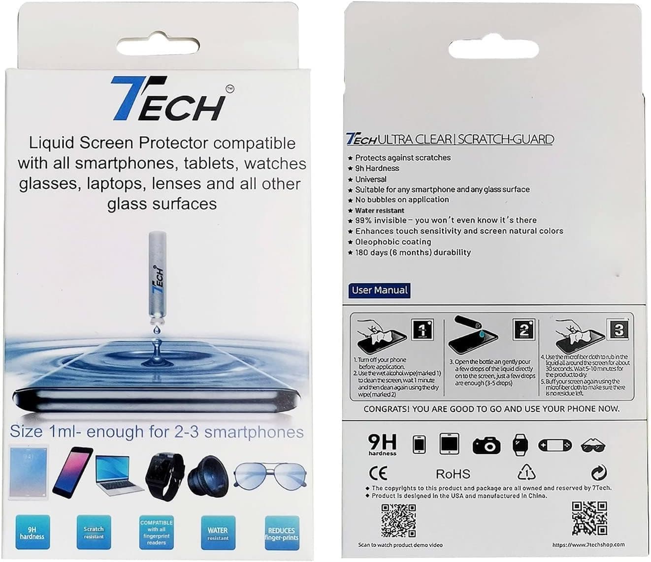 7TECH Original Nano Liquid Screen Protector, Scratch Resistant 9H Hardness for All Smartphones, Tablets, Watches Glasses, Cameras. Nano Coating for Apple iPhone 6/6s, 7/7 Plus, 8, X, Xs, Xr.