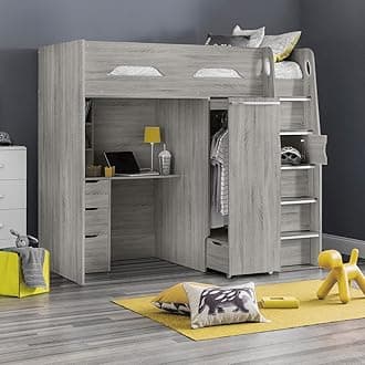 – happybeds High Sleeper Storage Bed, Pegasus Wood Modern Desk Wardrobe Drawers Cupboards Loft Bunk (3FT - Frame Only, Grey Oak)