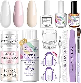 SAVILAND French Acrylic Nail Kit: Clear Pink Nudes Acrylic Powder and Liquid Set with French Gel Polish Top Gel 100PCS Nail Forms Brush Primer Tools for DIY French Manicure Extension Carving Home Use