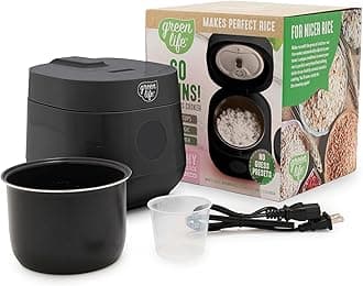 GreenLife Healthy Ceramic Nonstick 4-Cup Rice Oats and Grains Cooker, PFAS-Free, Dishwasher Safe Parts, Black