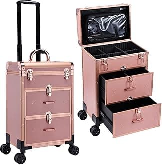 Adazzo Professional Rolling Makeup Train Case with Drawers, Large Cosmetic Trolley with Locks, Cosmetics Storage Organizer Make up Case for Travel Makeup/Nail Art/Hair Styling, Matte Gold