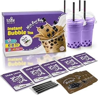Fusion Select Authentic Bubble Tea Kit Extra Rich (5 Packs) Bubble Tea Drink, Boba Tapioca Pearl, Straws, Popular Bubble Tea Flavors (Taro Latte Kit)