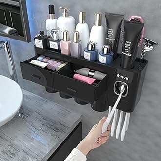 iHave Toothbrush Holder Bathroom Storage, 4 Cups Toothbrush Holder Wall Mounted with Toothpaste Dispenser, Large Capacity Tooth Brush Holder Bathroom Storage & Organisation