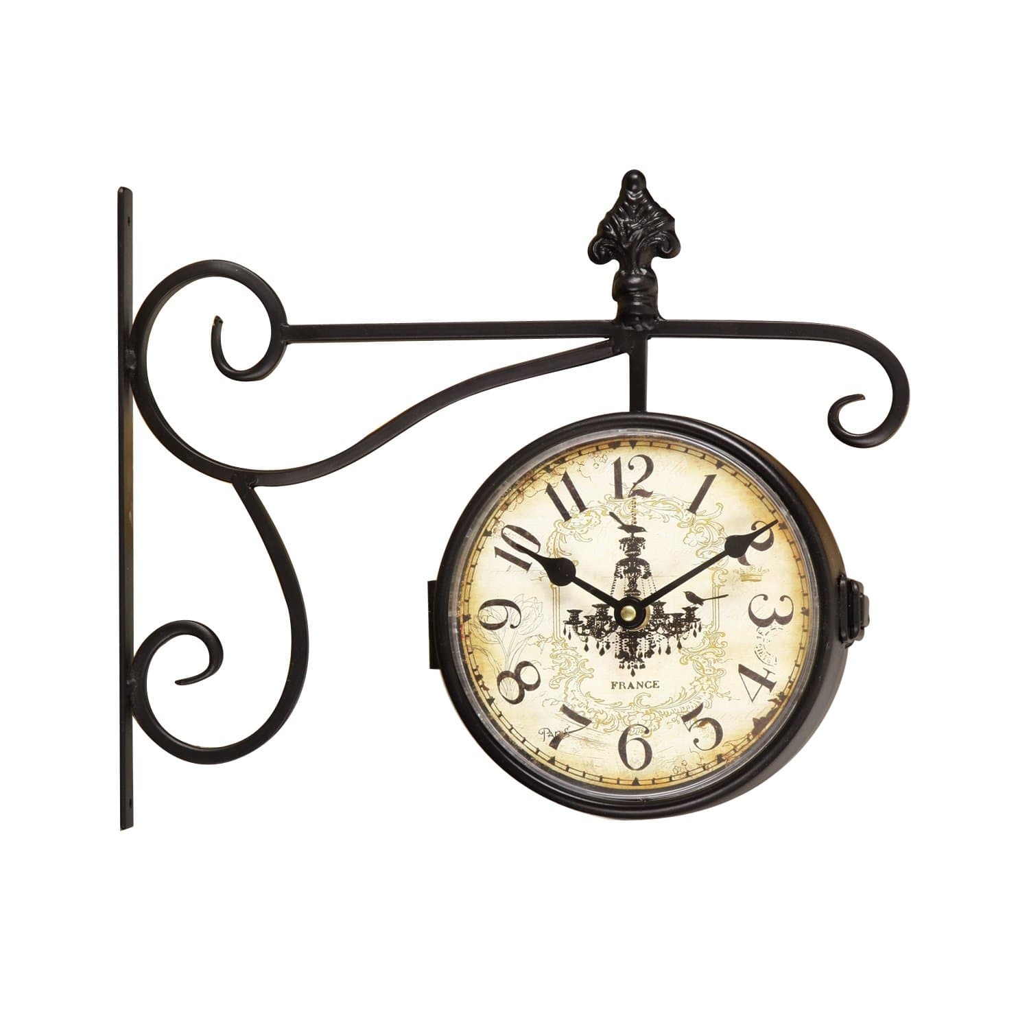 Asense Black Iron Round Double-Sided Wall Hanging Clock with Scroll Wall Mount Home Decor