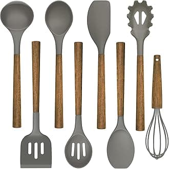 Umite Chef Silicone Cooking Utensil Set, 8-Piece Kitchen Utensils Set with Natural Acacia Wooden Handles, Food-Grade Silicone Heads - Grey