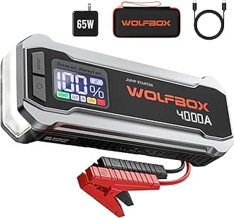 WOLFBOX 4000A Jump Starter Power Pack, 12V Car Battery Booster Jump Starter with 65W Quick Charger, 88.8Wh Battery Booster Pack (10L Gas 10L Diesel Engine) with LED Light, Booster, Jump Leads