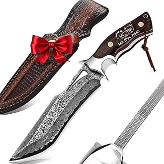- Damascus Hunting Knife, 10.4" Handmade Bowie Knife with Sheath, Real Damascus Steel Knives with VG10 Core &Wood Handle, Fixed Blade Knives for men women, Tactical, Survival, Camping, Gifts for Men Women