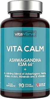 Vita Calm Ashwagandha Complex – All-in-One Blend of Ashwagandha KSM 66 1000mg, Rhodiola Rosea, L Theanine, Magnesium, B-Complex, Lemon Balm, 90 Vegan Capsules - Natural Ayurveda Supplement Made in UK