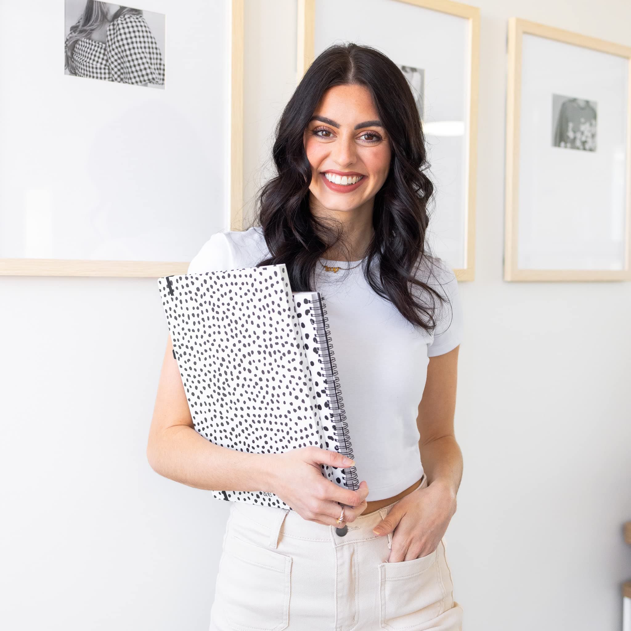 Cute Clipboard Folio with Refillable Lined Notepad and Interior Storage Pocket for Women, Stylish Black and White Clipfolio, Black Dots