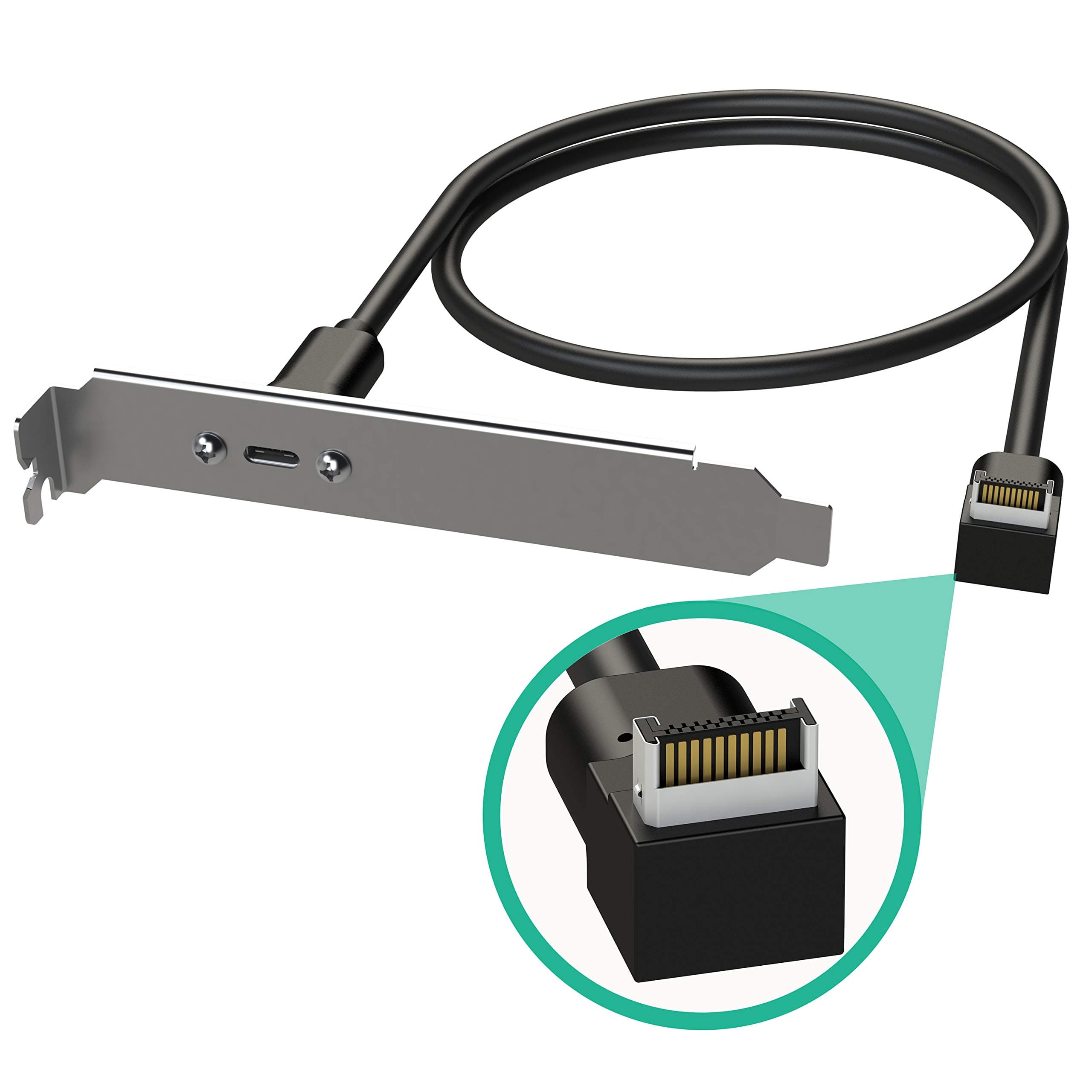 LINKUP - USB-C Type Panel Cable Mount Motherboard Header Extension Adapter | Internal 3.1 10G Gen 2 20-Pin A-Key Male with Cover to USBC Female Connector with PCI Bracket Right Angle Connector - 60CM