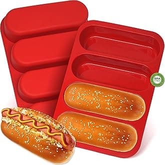 Silicone Hotdog Bun Pan, 6 Inch Standard Hot dog Bun Mold, 4 Cup Non-stick Homemade Hotdog Bun Baking Pans, Mini Baguette Pans, Dishwasher Safe, 2 Pcs (Red)