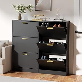 JOZZBY Shoe Cabinet Storage with 3 Flip Drawers for Entryway, Black Slim Freestanding Modern Narrow Shoe Organizer Rack Cabinet for Hallway, Living Room, Set of 2