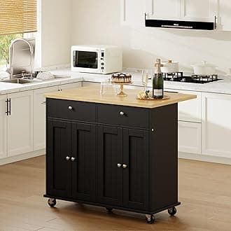 Shintenchi Kitchen Island with Drop Leaf, Rolling Kitchen Cart with Storage on Wheels, Table Bar Cart for Kitchen with Towel Rack & Seating Area for Dining Room, Black
