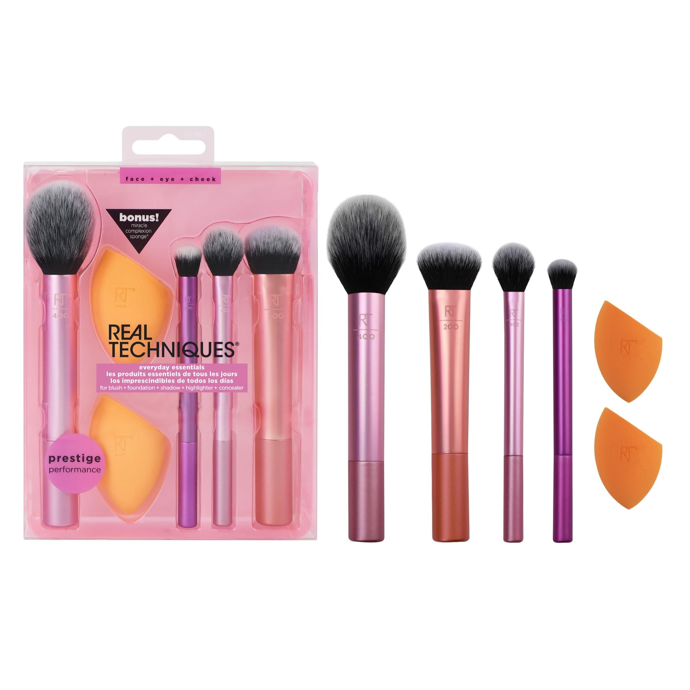 Everyday Essentials + Makeup Sponge Kit, 4 Makeup Brushes and 2 Makeup Blender Sponges,Blush, Bronzer, Eyeshadow, and Powder, Synthetic Bristles, Cruelty-Free, 6 Piece Set