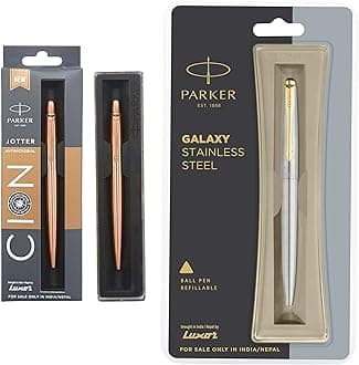 Parker Galaxy Stainless Steel Gold Trim Ball Pen Jotter Anti Microbial Stainless Steel Ball Pen (Ink - Blue)