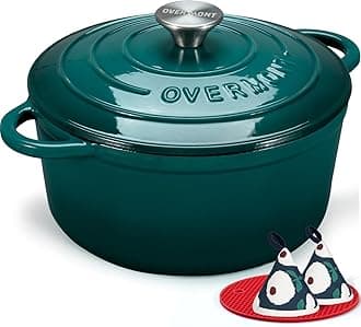 Overmont Enameled Cast Iron Dutch Oven - 4.5QT Pot with Lid Cookbook & Cotton Potholders - Heavy-Duty Cookware for Braising, Stews, Roasting, Bread Baking bottle green