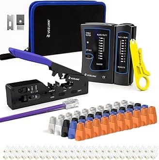 RJ45 Crimp Tool Kit, Ethernet Wire Cutter Crimper, All-in-One Network Tool Kit Bag with Network Lan Cable Tester, 50PCS Cat6 Pass Through Connectors, 50PCS Boots, Mini Cable Stripper