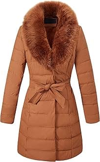 Bellivera Women's Winter Puffer Jacket Cold-Resistant Patchwork Plush Lining Coat with Removable Fur Collar Hooded and Belted