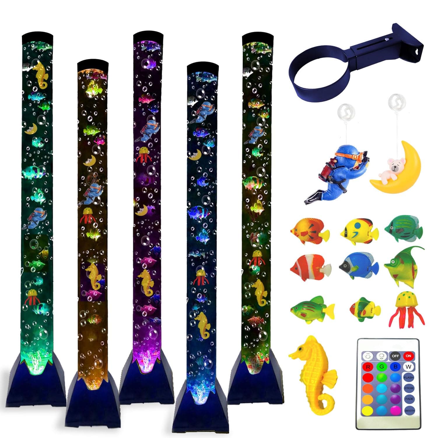 Sensory Bubble Tower Lamp with Bracket: 4 FT Bubble Fish Tube - 20 Color Adjustable 10 Moving Fish - Autism ADHD Friendly Ideal Gifts for Boys Girls