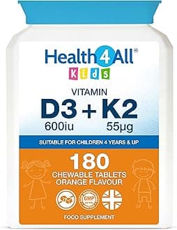 Health4All Kids Vitamin D3 + K2 180 Chewable Tablets 6 Months Supply, 600iu D3 & 55mcg K2 MK-7 for Children 4+, Natural Orange Flavour, Sugar-Free | Made in UK (Not Gummies)