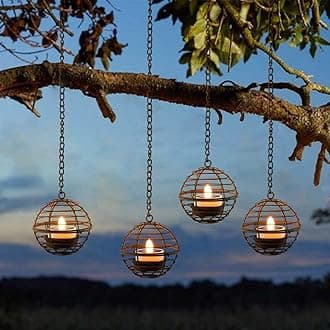 Solar Hanging Lanterns Outdoor Waterproof, Rust Iron Ball Candle Holder with Flickering Solar Powered Tea Lights, Perfect Chargeable Solar Lights for Backyard Patio Garden Fence Tree Decoration-4Pack