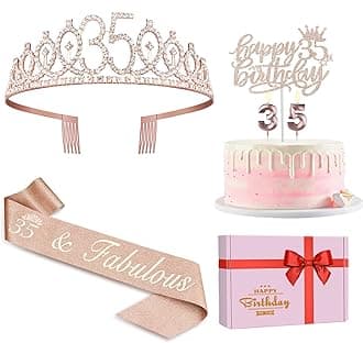 35th Birthday Decorations for Women Including Sash, Tiara/Crown, Numeral Candles and Cake Topper, Rose Gold 35th Birthday Gifts for Women, Rose Gold Party Decor Supplies