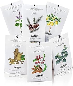 MYARO 12 Pcs Scented Sachets for Drawer and Closet, Long-Lasting Air Freshener Sachets Bag, Closet Deodorizer Potpourri Bags, 6 Fresh Scents - Cedar, Sandalwood, Lemon, Eucalyptus, Patchouli, Oud Wood