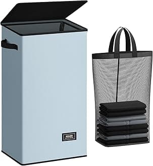 SOLEDI Laundry Hamper with Lid 100L Large & Tall Collapsible Laundry Basket, Clothes Hamper with Bag Removable Easy to Carry, Dirty Hampers for Bedroom, Bathroom, Dorm, College, Blue Grey