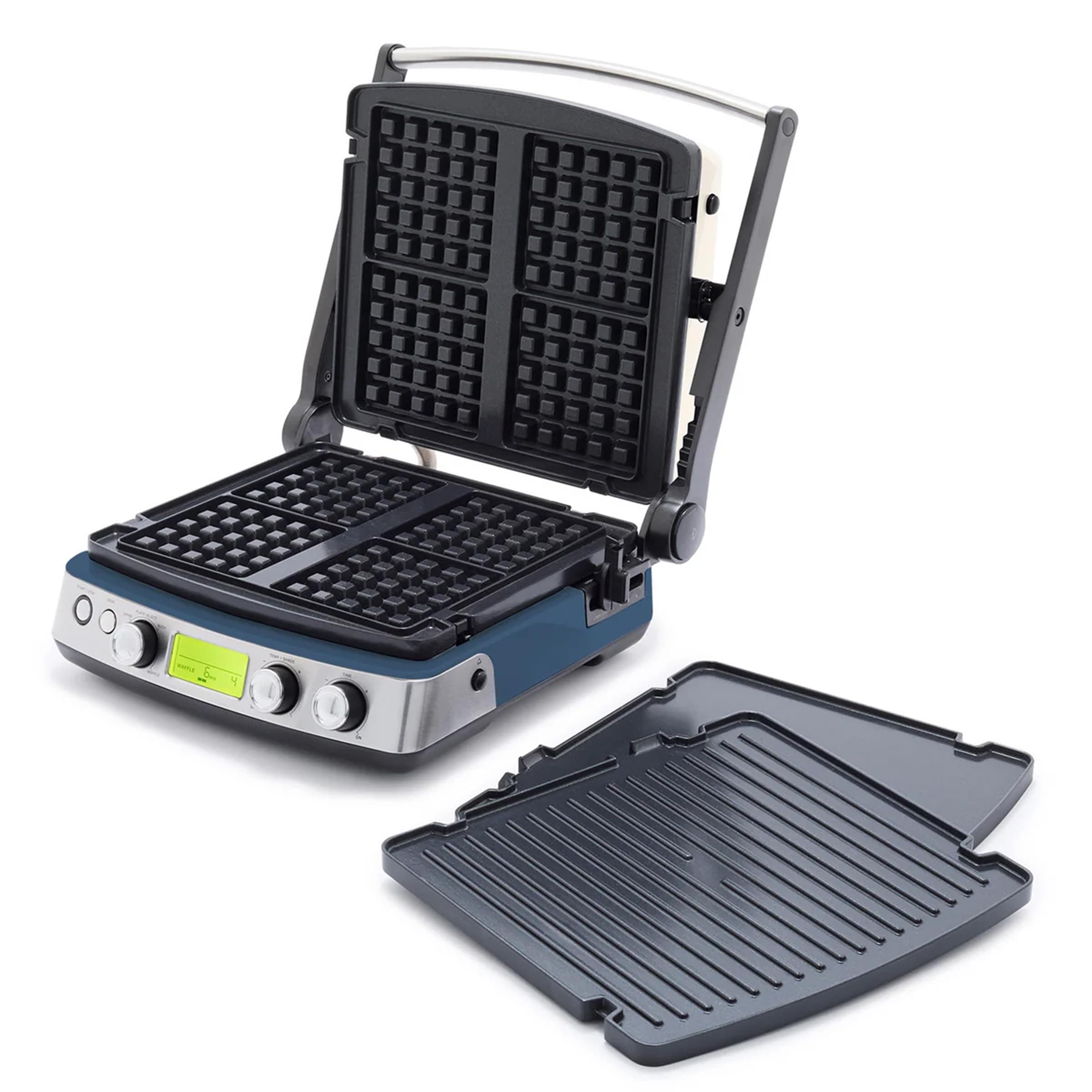 GreenPan Elite 7-in-1 Multi-Function Contact Grill & Griddle, Healthy Ceramic Nonstick Aluminum, Grill & Waffle Plates, Adjustable Shade & Shear, Closed Press/Open Flat Surface, PFAS-Free, Oxford Blue