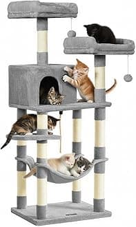 FEANDREA Cat Tree, Cat Tower for Indoor Cats, 56.3-Inch Cat Condo with Scratching Posts, Hammock, Plush Perch, Light Gray UPCT15W