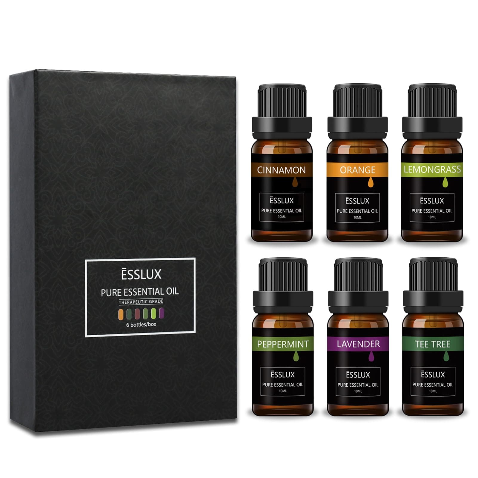 Essential Oils Set, ESSLUX Top 6 Aromatherapy Oils for Diffuser, Massage, Soap Candle Making Scents, Pure and Natural Essential Oils Kit - Lavender, Tea Tree, Orange, Cinnamon, Lemongrass, Peppermint