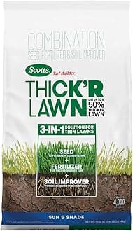 Turf Builder Thick'R Lawn Sun & Shade - 3 in 1 Lawn Fertilizer, Seed, & Soil Improver for a Thicker, Greener Lawn, Seeds up to 4,000 sq. ft., 40 lb.