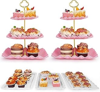 5 Pcs Dessert Display Stands, 2pcs Dessert Stands 3 Pcs Tray, Pink Dessert Display Stands, Treat Table Displays Set for Wedding Baby Shower Tea Party, Ease of Cleaning and Assembly