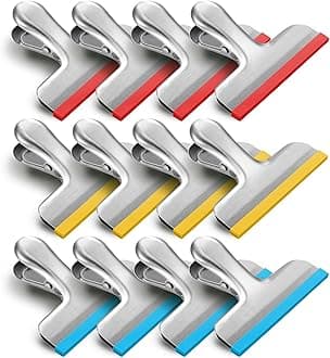 HOUSE AGAIN 12 Pack Stainless Steel Chip Bag Clips Covered with Silicone - NO More Sharp Edges - Color Coded for Food Bags - Air Tight Seal, Heavy Duty for Kitchen and Office, 3 Inches